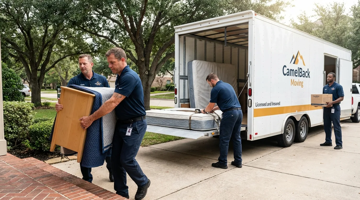 Crew loading residential truck for cross-state move from Marengo, IA