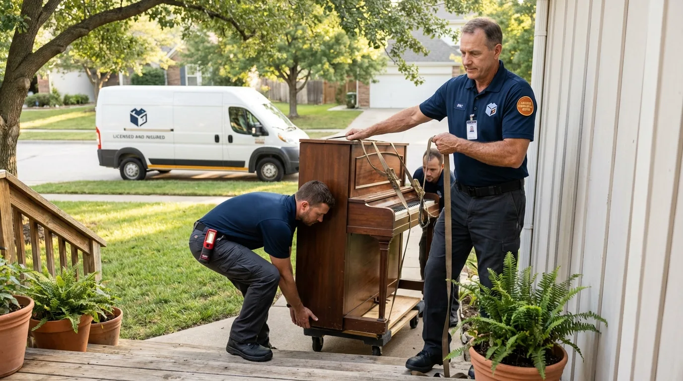 Licensed piano movers securing grand piano in Marengo, IA