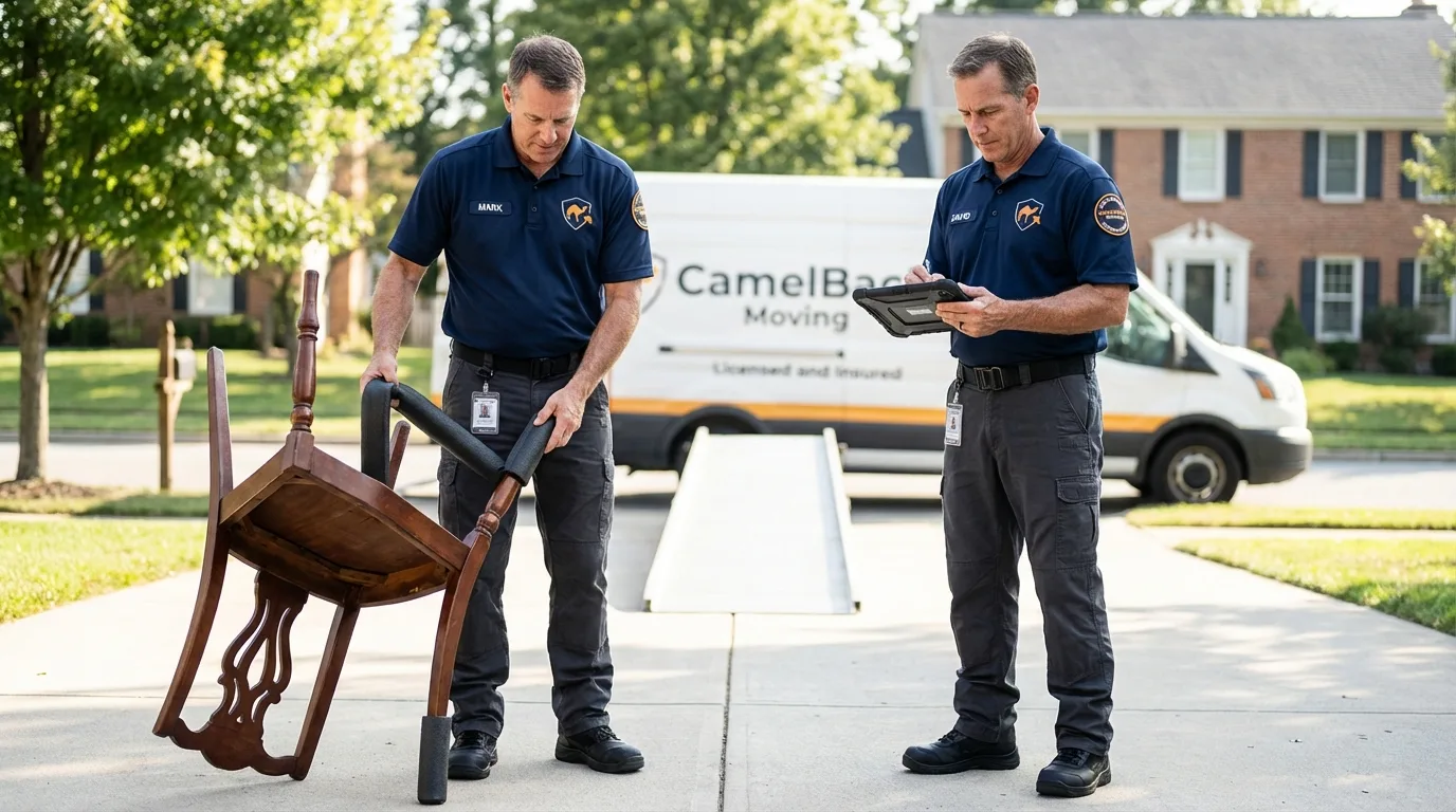 Movers inspecting furniture for damage prevention before loading in Marengo, IA