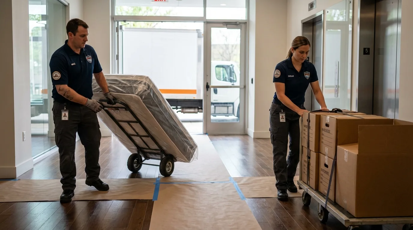 Professional apartment movers loading elevator in Marengo, IA