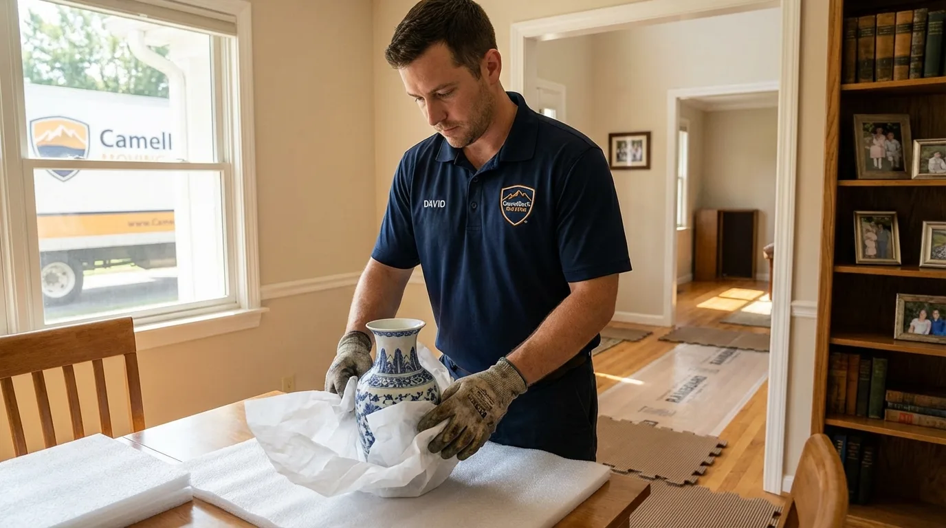 Professional crew carefully wrapping antique vase for senior downsizing move in Marengo, IA