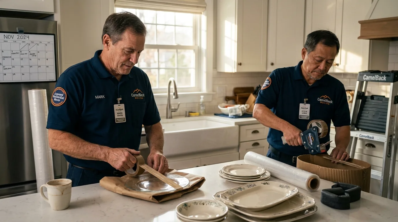 Professional crew packing kitchen dishware in Marengo, IA